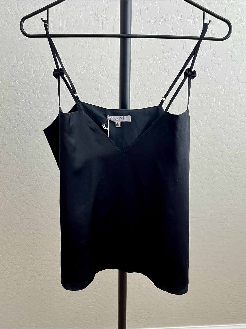 Cami NYC Lucy Black Silk V-Neck Cami with Bow Straps